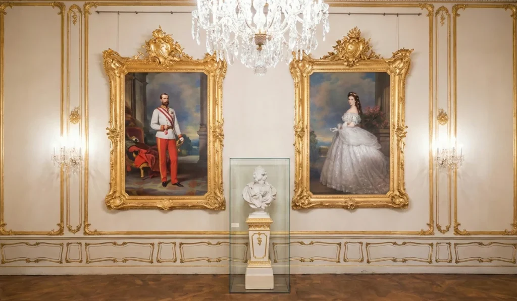 Dos grandes retratos del emperador Francisco José I y de la emperatriz Isabel (Sisi) en marcos dorados flanqueando un busto de mármol en una galería blanca